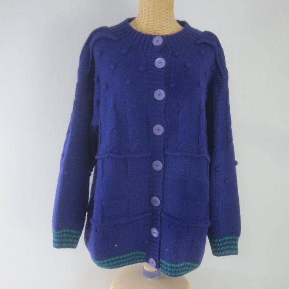 Vtg Loose Threads Australia Womens Large Purple Teal Wool Bobble Cable Cardigan - Picture 1 of 14